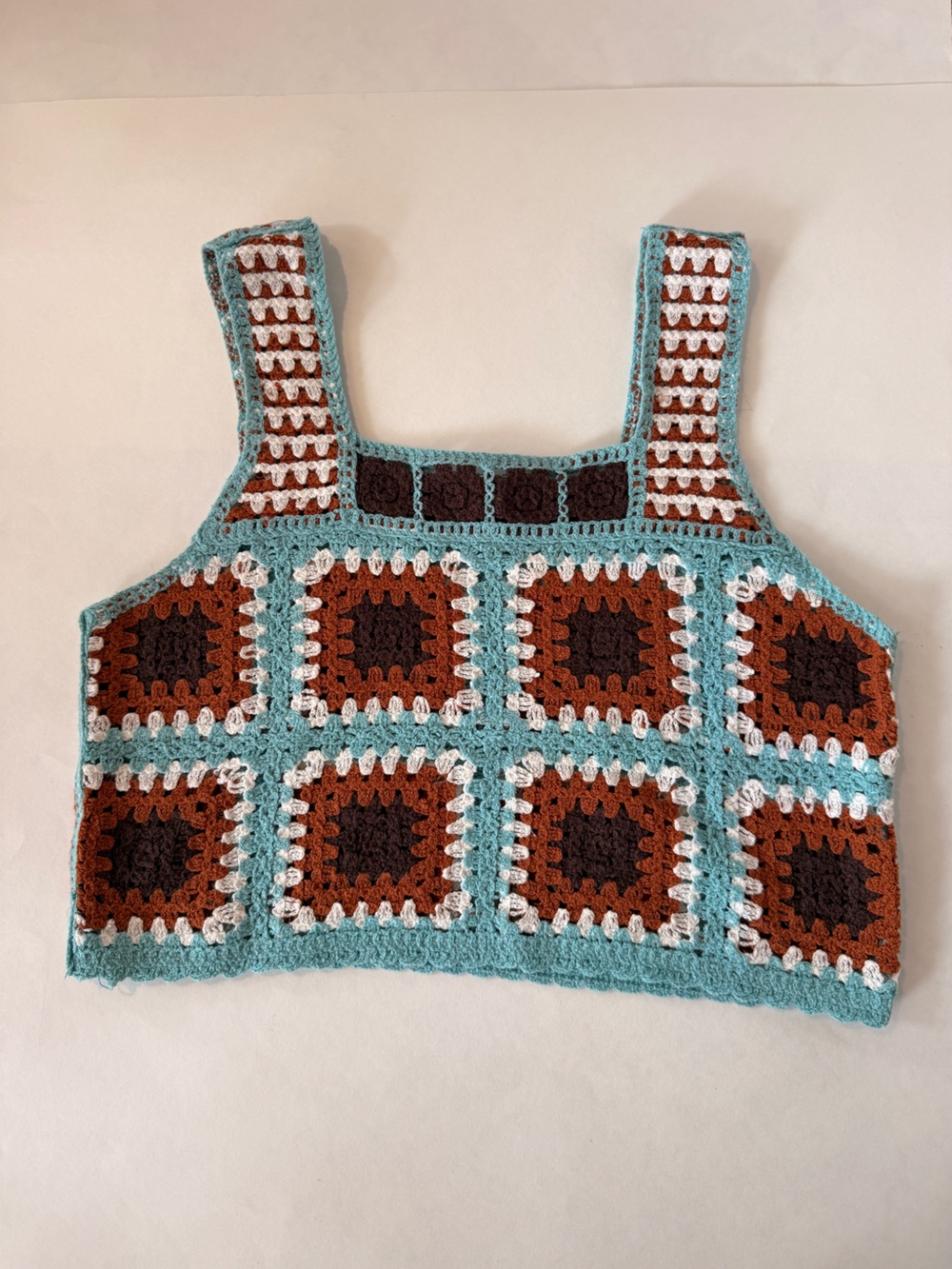 Crochet Crop Tank Sweater in Teal, Brown & White